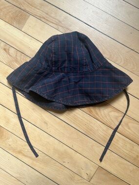 Tiny Cottons Baby Toddler Navy and Red Check Bucket Hat with Chin Ties